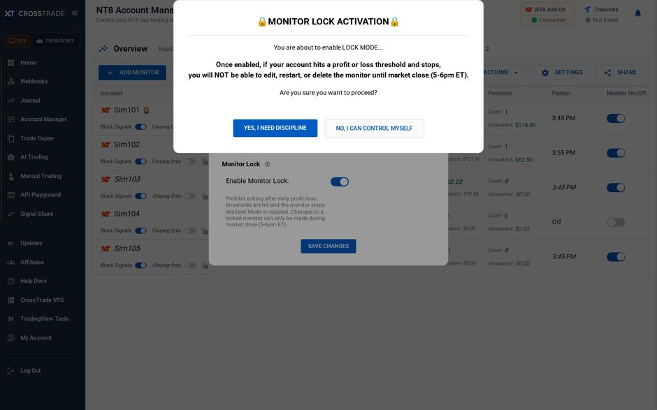The Monitor Lock Activation prompt over the Account Management Settings window, asking you to confirm before the lock is enabled