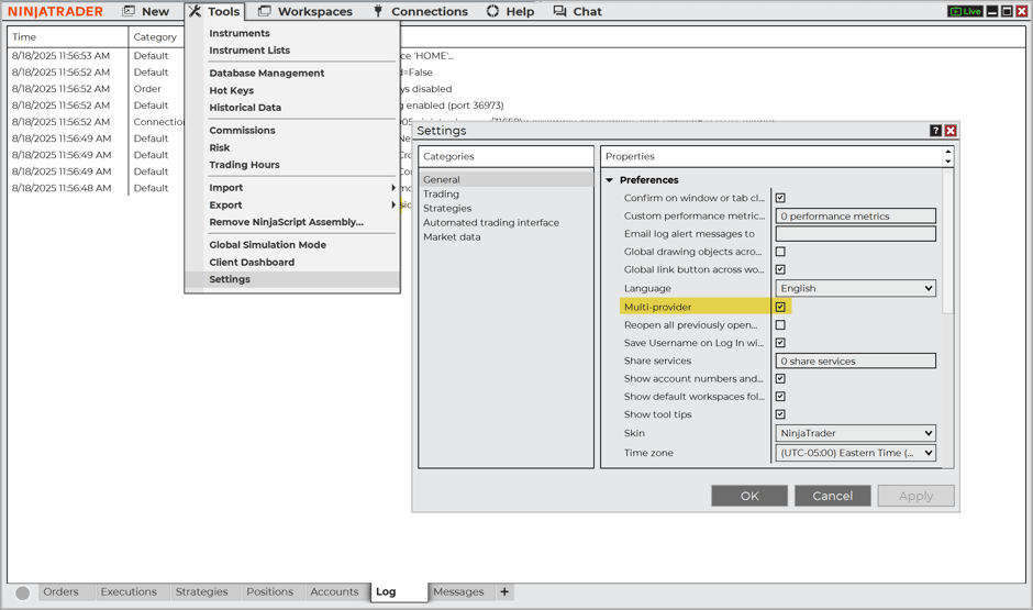 NinjaTrader's multi-provider mode option enabled