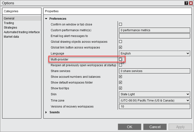 NinjaTrader's Connections menu listing accounts from several providers at once