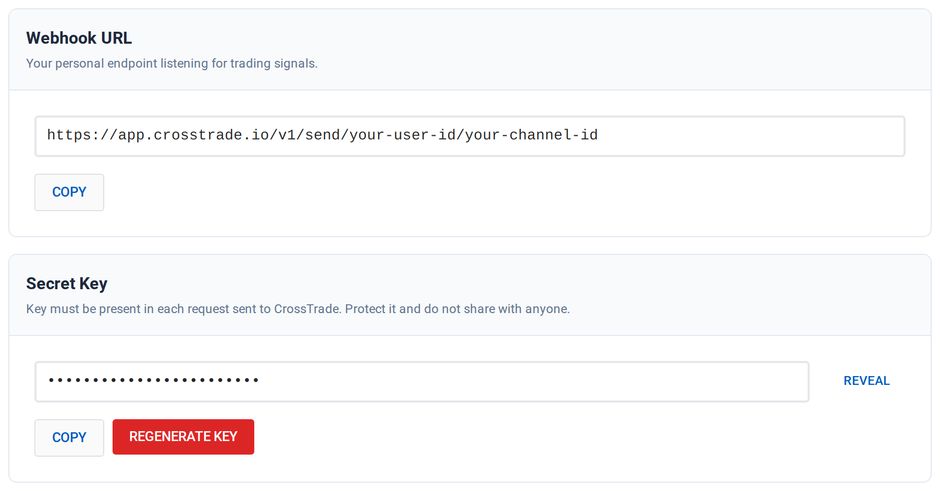 The Security tab of CrossTrade My Account: the webhook URL with a Copy button and the masked secret key with Reveal, Copy and Regenerate Key.