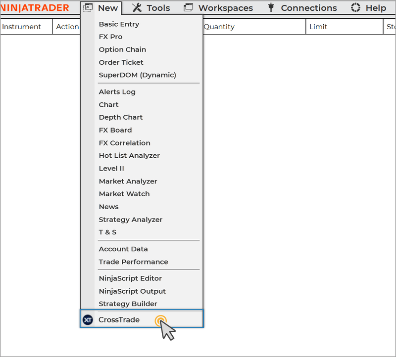 Launching the CrossTrade add-on from NinjaTrader's New menu