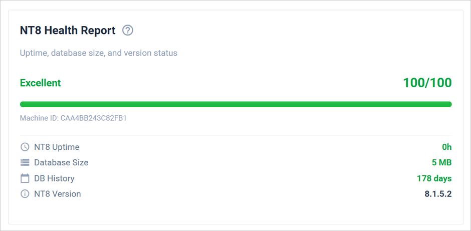 The NT8 Health Report card scoring uptime, database size, history age and version