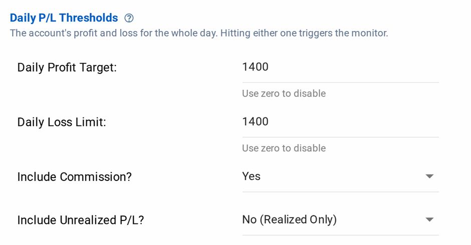 The Daily P/L Thresholds section of the Account Manager editor: a daily profit target and loss limit, with what happens when each is hit.