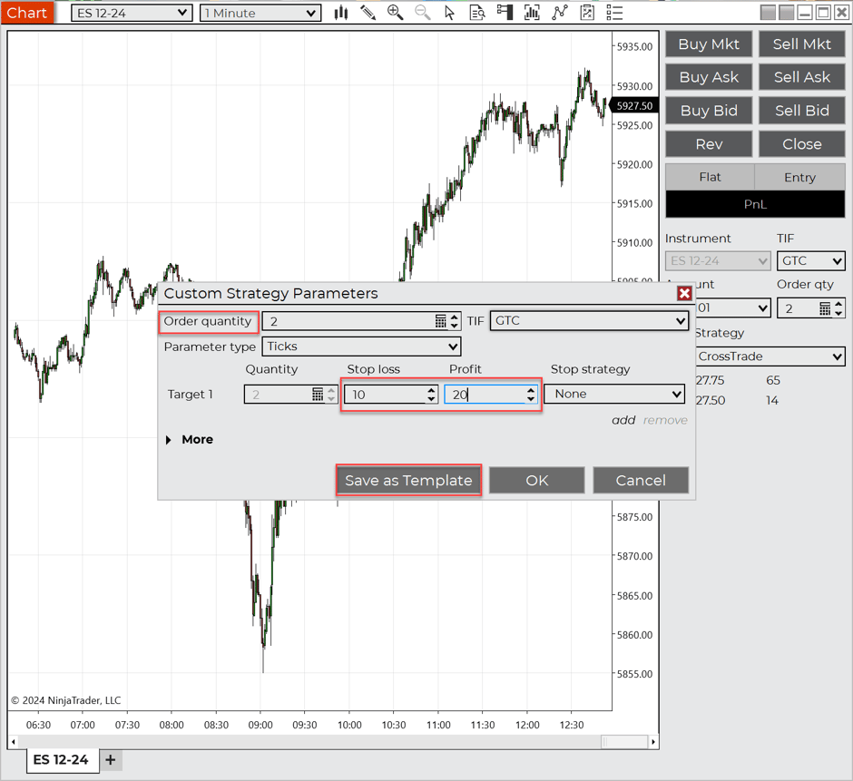 Setting the stop loss and profit target tick distances on the ATM Strategy
