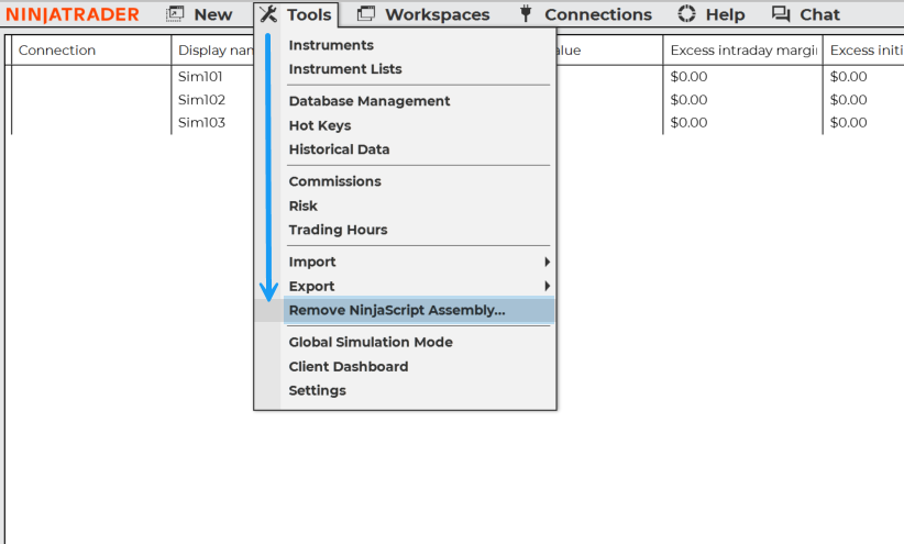 NinjaTrader's Remove NinjaScript Assembly dialog