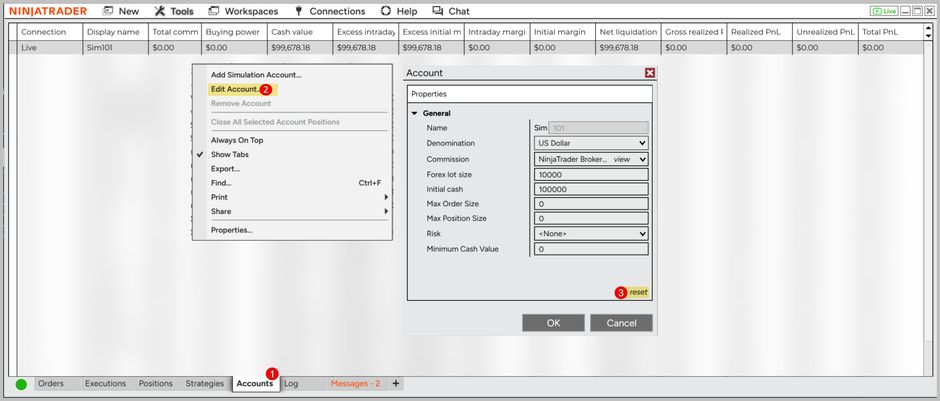 The NinjaTrader Control Center with the Accounts tab open on Sim101, the right-click menu's Edit Account option, and the reset link in the Account window, numbered 1 to 3.