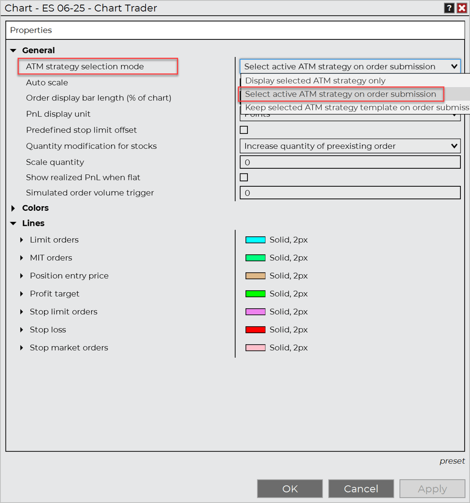 Chart Trader properties with ATM strategy selection mode set to Select active ATM strategy on order submission.