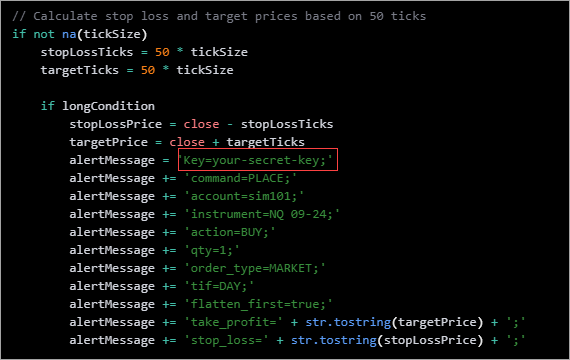 Pine Script strategy code that builds a CrossTrade alert message