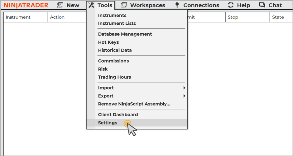 Opening NinjaTrader's settings from the Tools menu