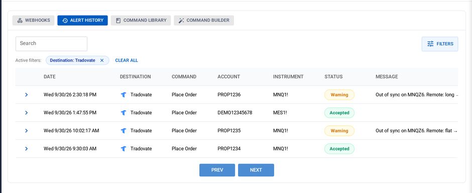 Alert History filtered to Tradovate, showing accepted rows and a warning row