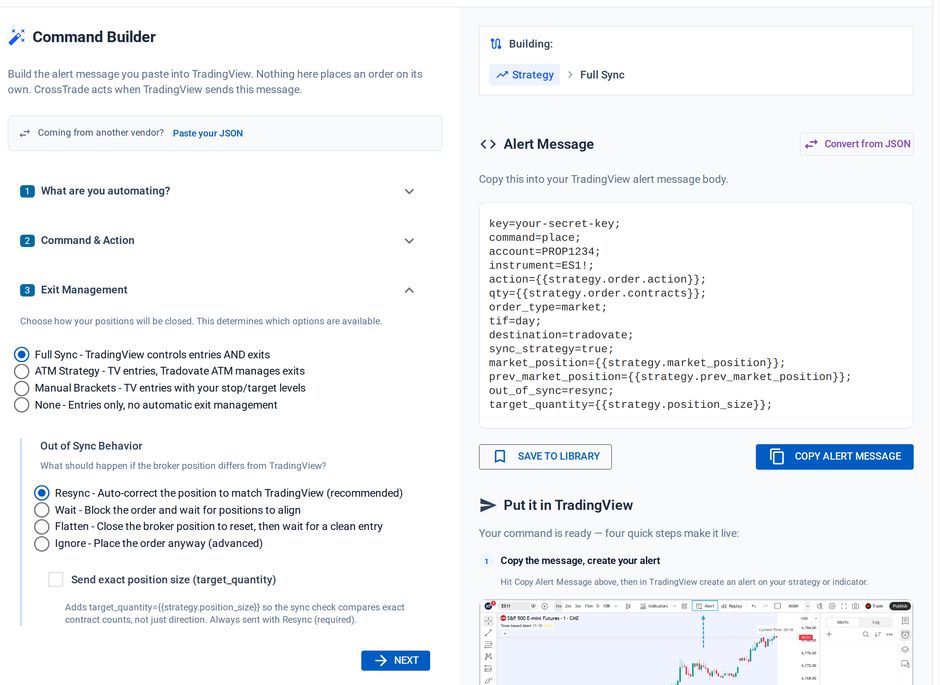 The Command Builder on the Tradovate page building a strategy alert with Full Sync and Resync; the preview includes destination=tradovate and the sync fields