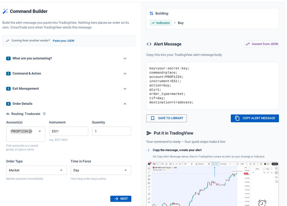CrossTrade's Command Builder with Tradovate routing selected, building the alert message to paste into TradingView