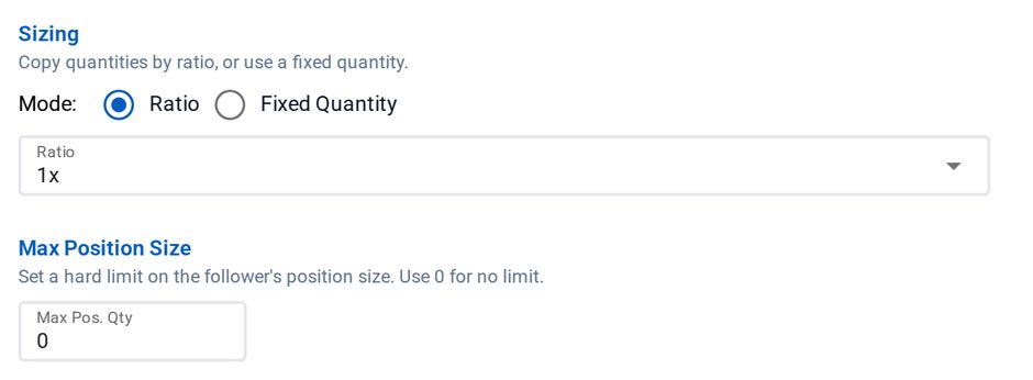 Sizing and Max Position Size in the Tradovate Copier editor: a ratio or a fixed quantity, and a cap on the follower position.