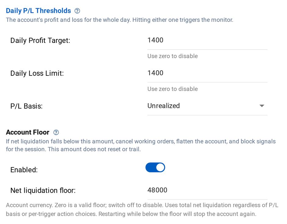 Daily profit target, daily loss limit and account floor settings for a Tradovate account in CrossTrade
