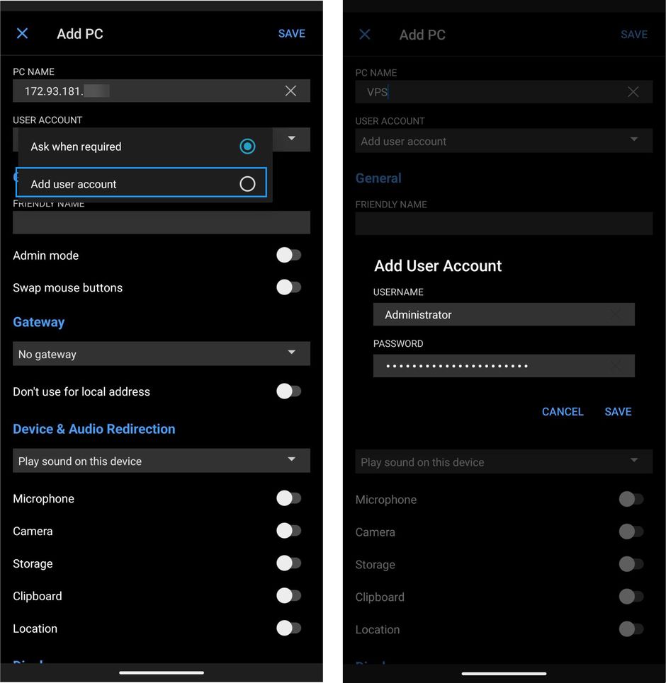 Adding the VPS user account in the Windows App