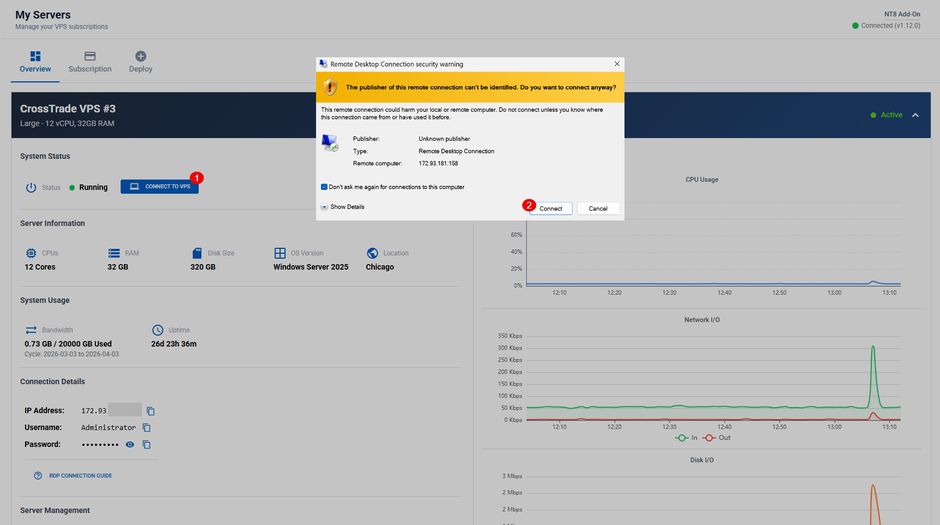 The VPS connection details in the CrossTrade dashboard