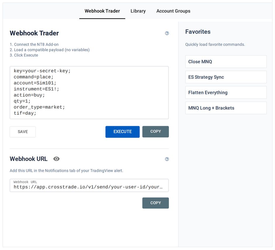 The Webhook Trader with a ready-to-send market order and your webhook URL