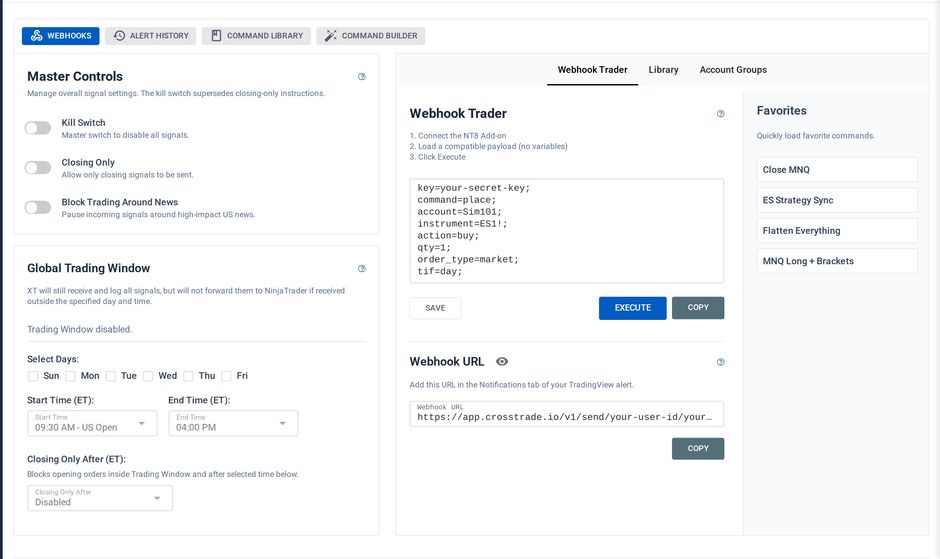 The CrossTrade dashboard showing the webhook URL with a copy button