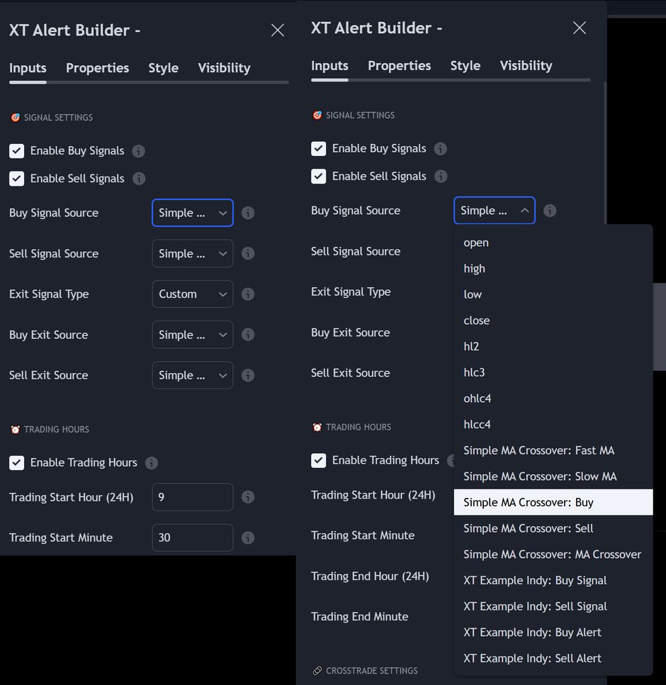The XT Alert Builder input settings on a TradingView chart