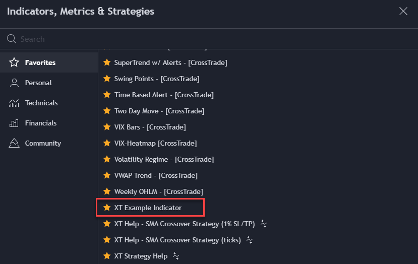 The CrossTrade example indicator plotted on a TradingView chart