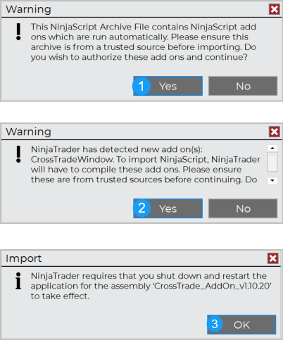 Confirming the NinjaTrader import prompts