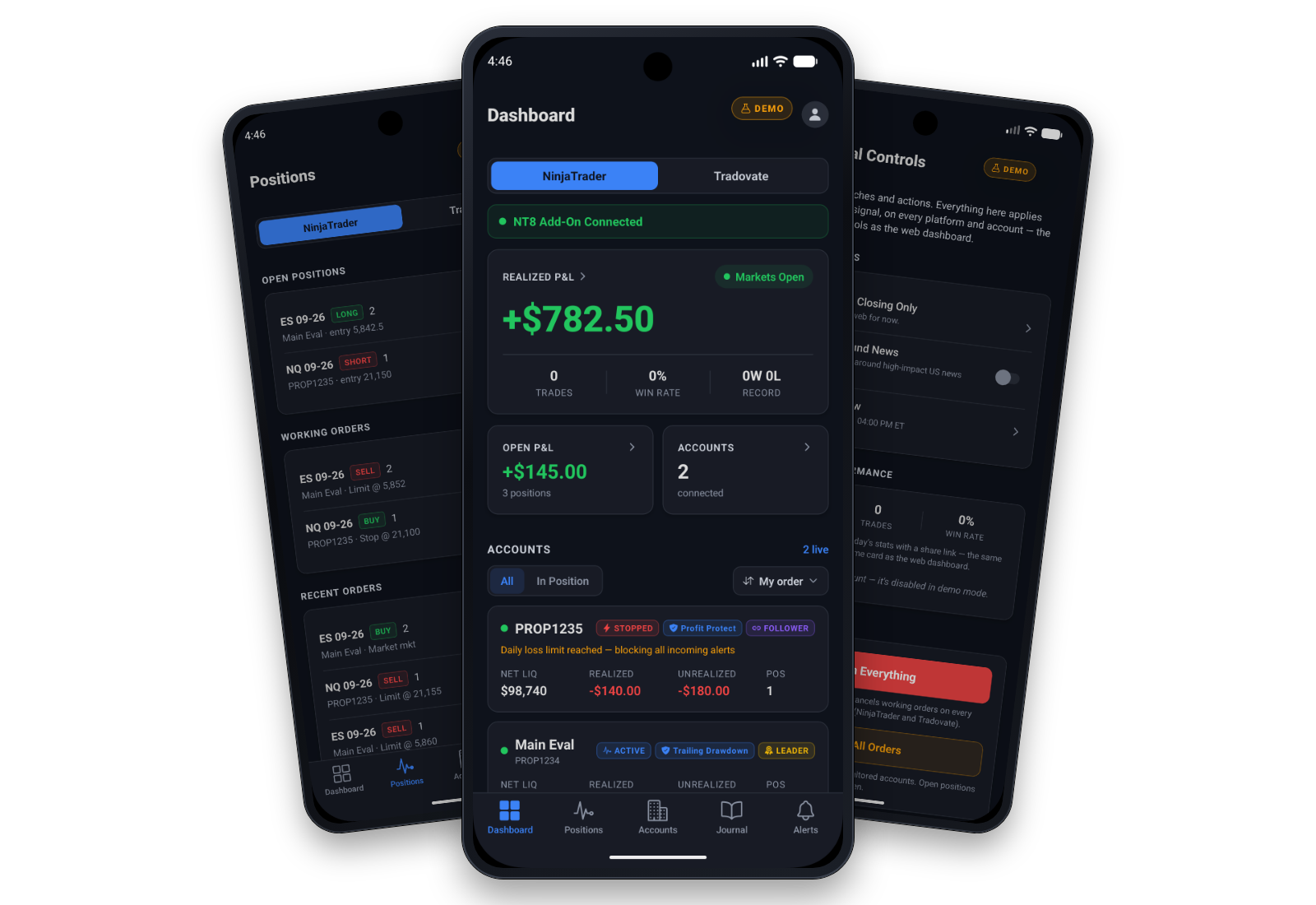 CrossTrade Mobile on Android: the Dashboard with live P&L from the NT8 Add-On, between the Positions and Global Controls screens