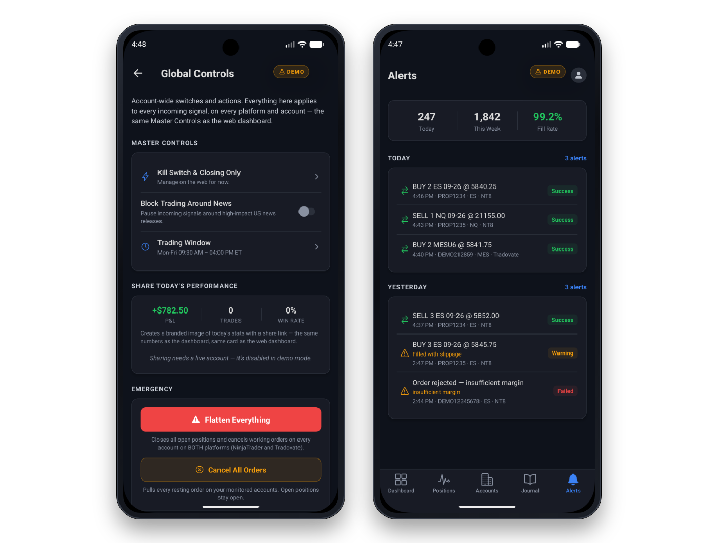Two CrossTrade app screens: Global Controls, with Flatten Everything and Cancel All Orders across every monitored account, and Alerts, with today's alert results