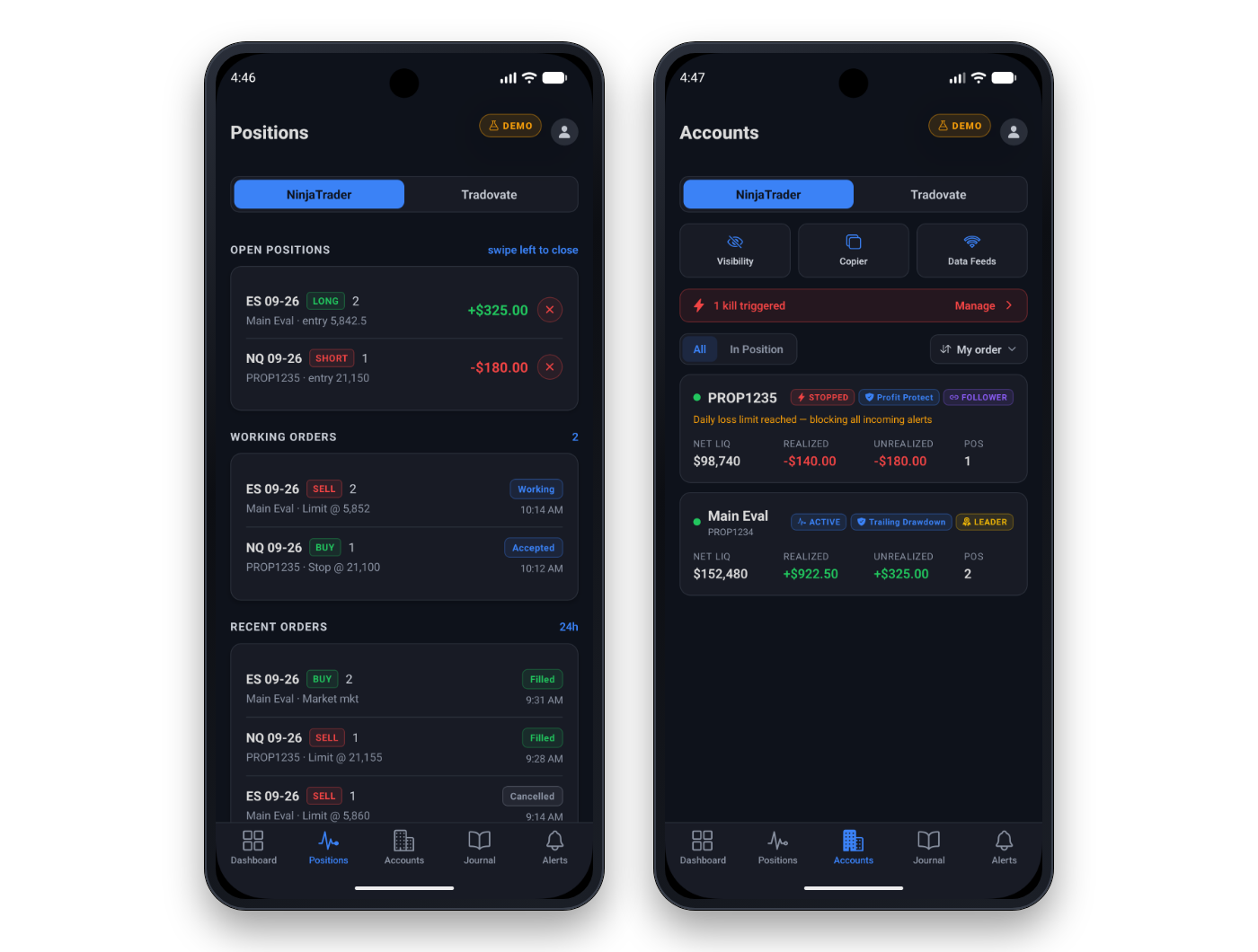 Two CrossTrade app screens: Positions, with open positions, working orders and recent orders from NinjaTrader 8, and Accounts, with each monitored account's status and P&L