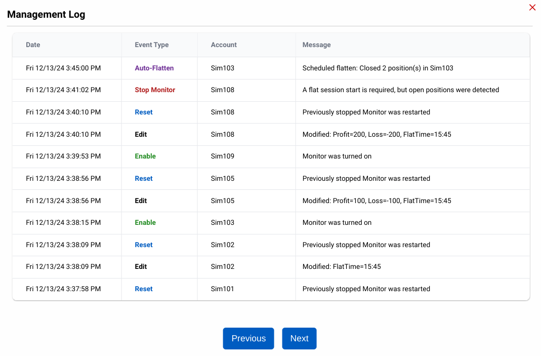 Rows of continuous monitor Management Logs shown for CrossTrade's Active Account Management software