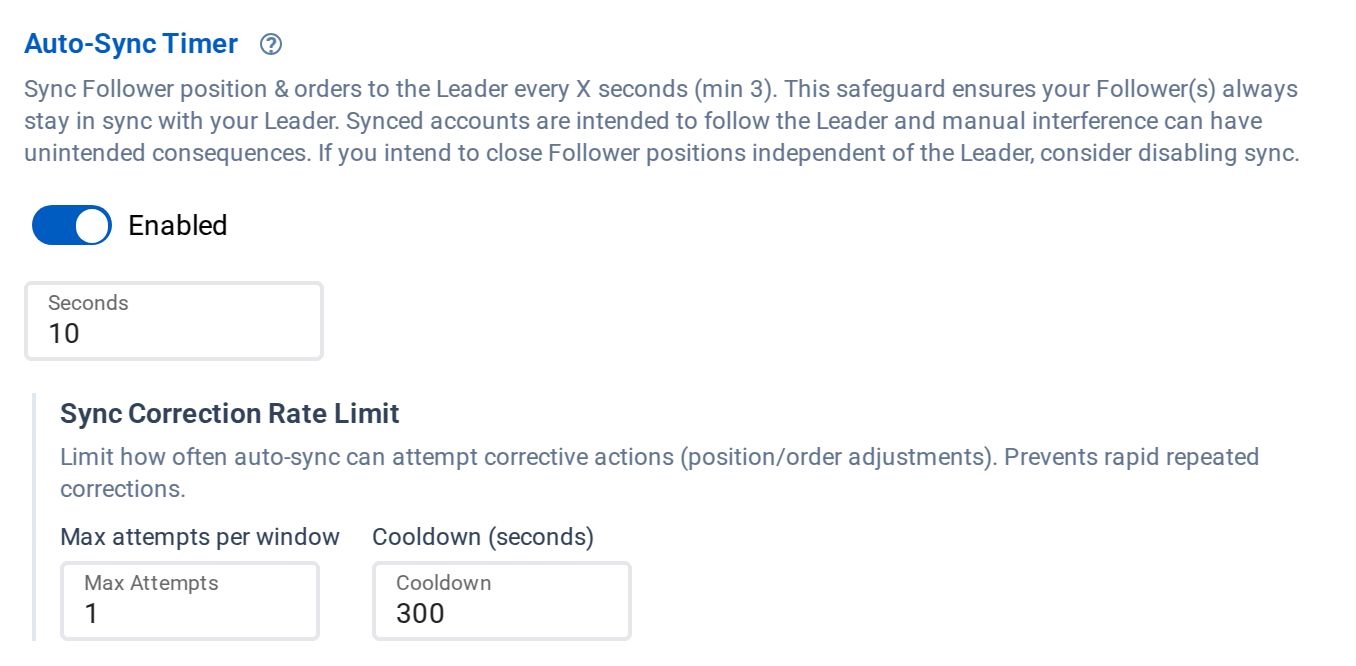 The Auto-Sync Timer setting in the CrossTrade Trade Copier editor, checking every 10 seconds with a limit on correction attempts.