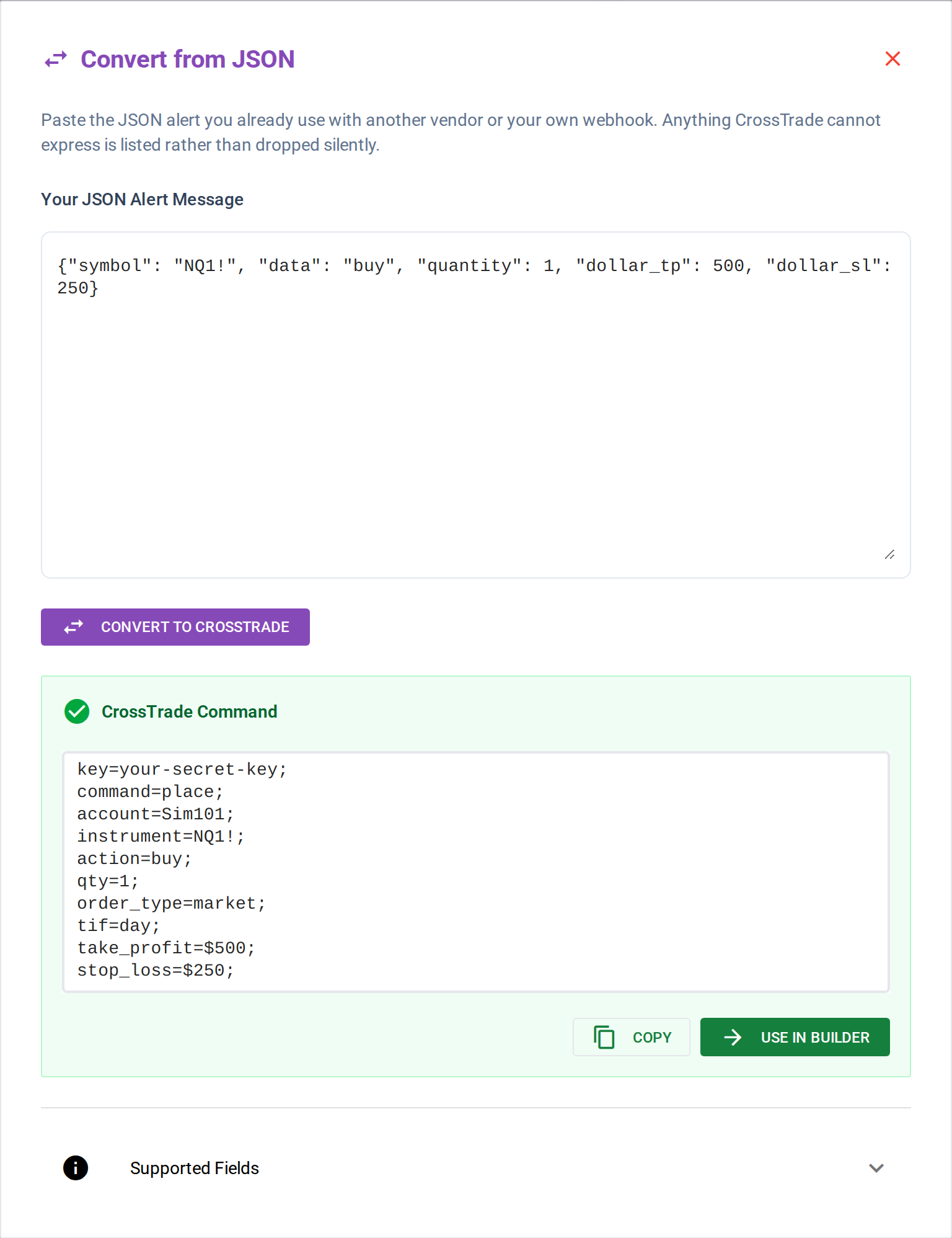 CrossTrade's Convert from JSON panel turning a pasted JSON alert into a CrossTrade command