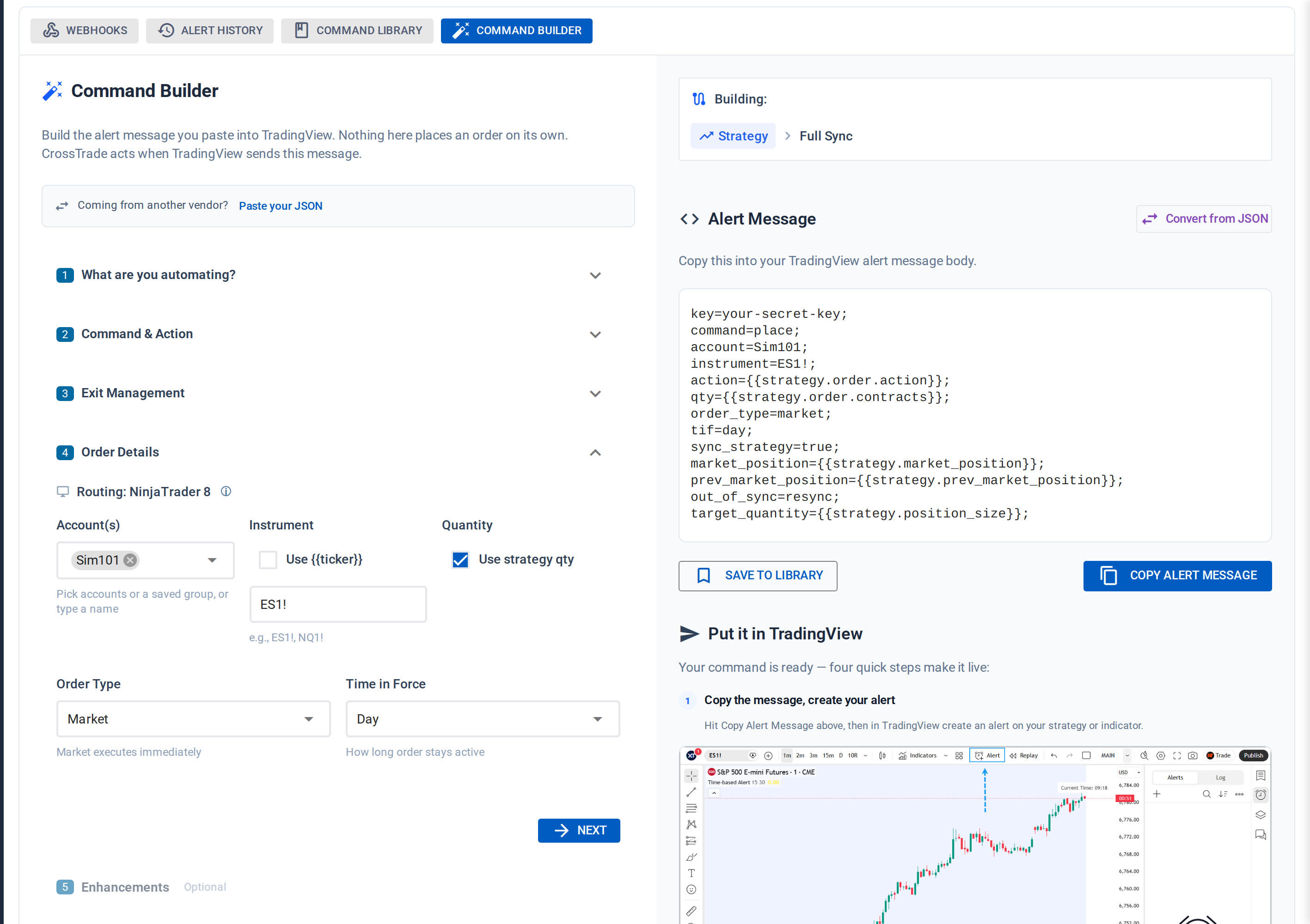 The CrossTrade Command Builder: a TradingView strategy with Full Sync, the Order Details step open, and the alert message it builds on the right.