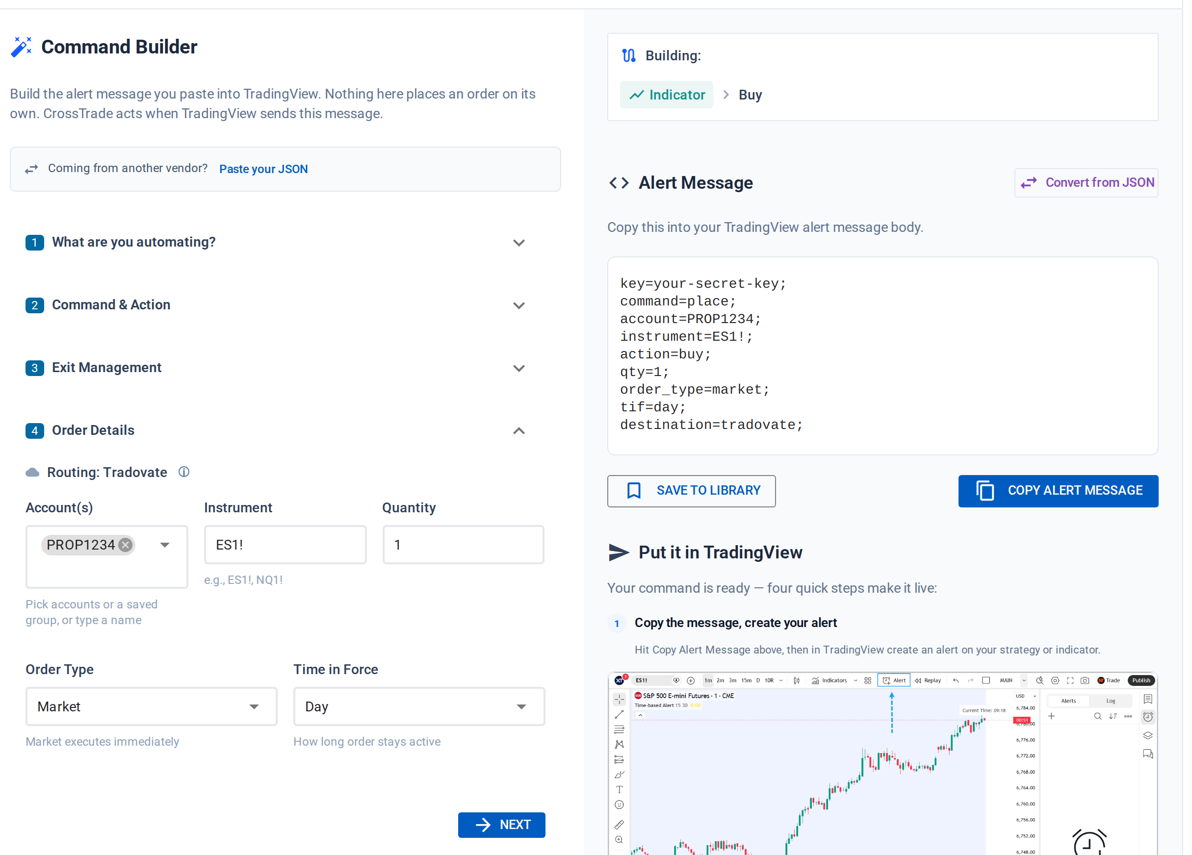 CrossTrade's Command Builder with Tradovate routing selected, building the alert message to paste into TradingView