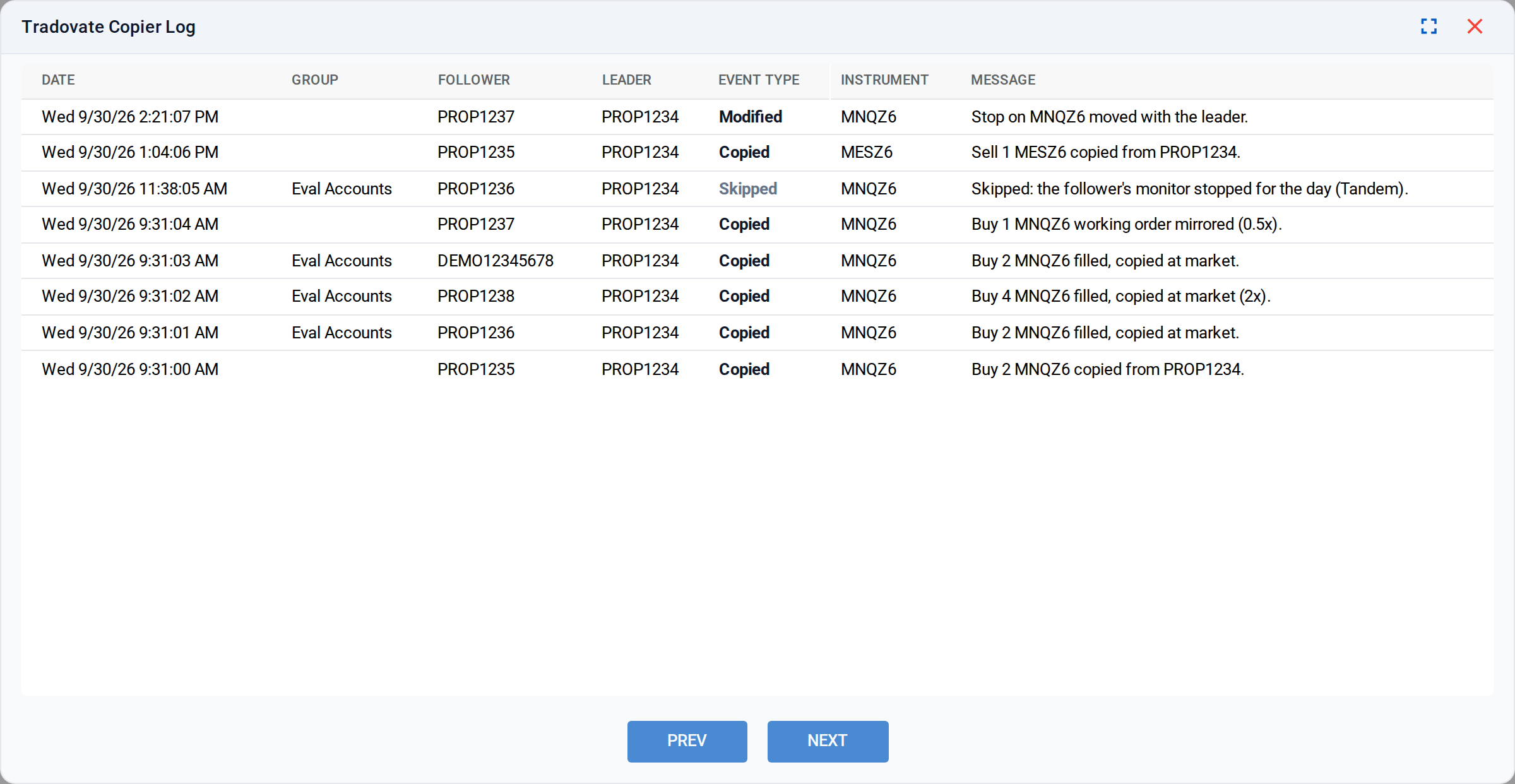 The Tradovate copier log showing what each follower copied, modified or skipped