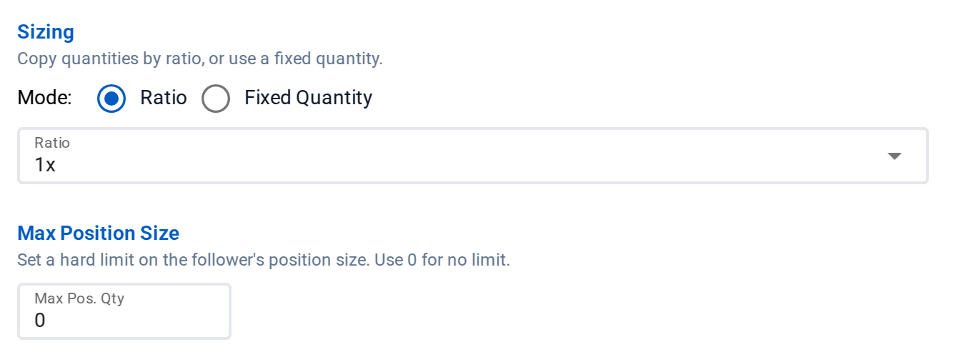 Sizing and Max Position Size in the Tradovate Copier editor: a ratio or a fixed quantity, and a cap on the follower position.
